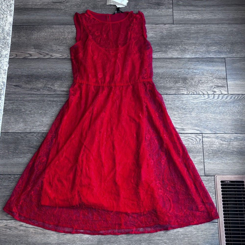 NWT Banana Republic Red Lace Overlay Midi Dress Sz Small PETITE (altered)